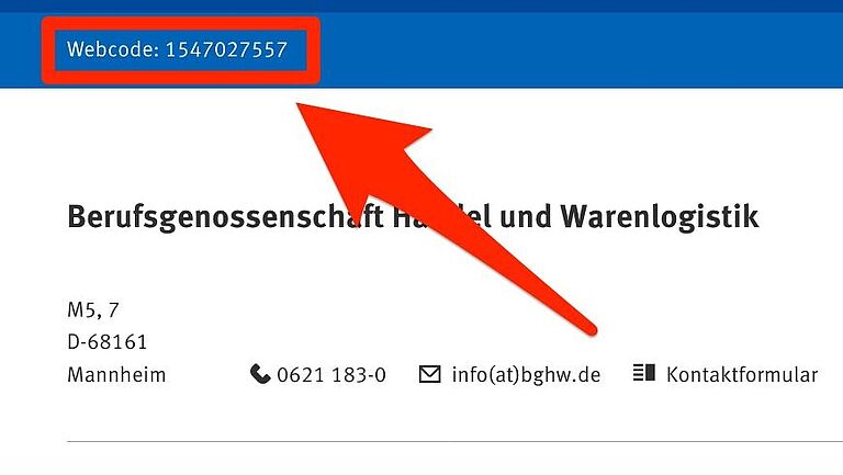 Der Webcode oberhalb der Fußzeile (Footer) auf BGHW.de