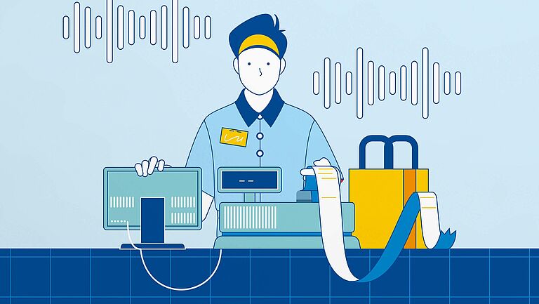 Illustration von einem Mitarbeiter, der an einer Kasse steht