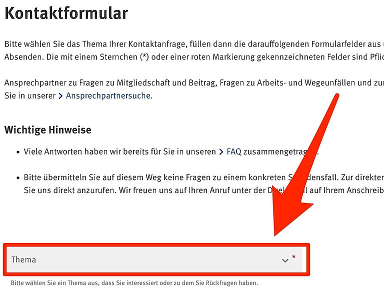 Erklärung für die Themenfindung im Kontaktformular auf der Internetseite der BGHW