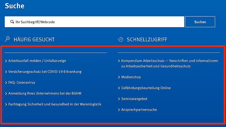 Die Suchmaske auf BGHW.de