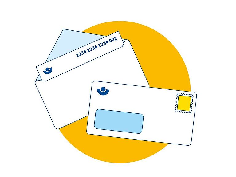 2 Briefe. Vorderer Brief mit Brieffenster ist verschlossen und oben rechts befindet sich eine Briefmarke. Hinterer Brief zeigt Inhalt mit 15-stelliger Unternehmensnummer.