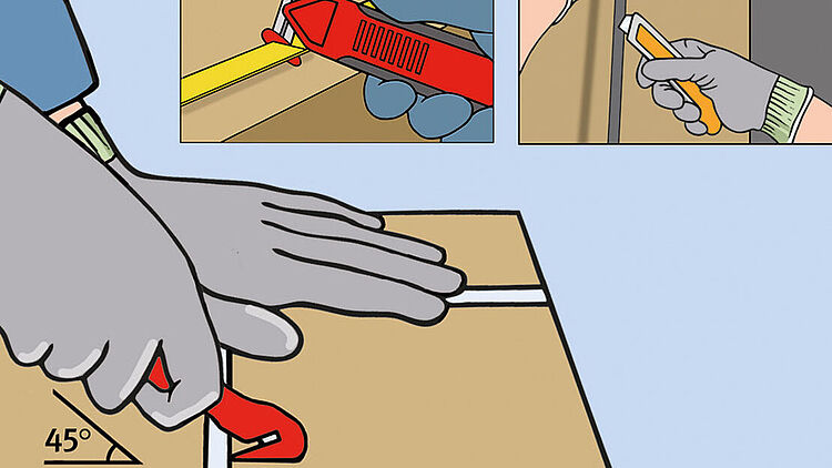 Ein Paketband wird von einer behandschuhten Hand, die eine Sicherheitsmesser hält, durchschnitten.