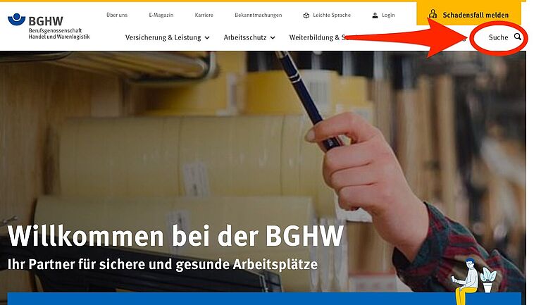 Aufzeigen der Suchfunktion in der Kopfzeile auf der Internetseite der BGHW