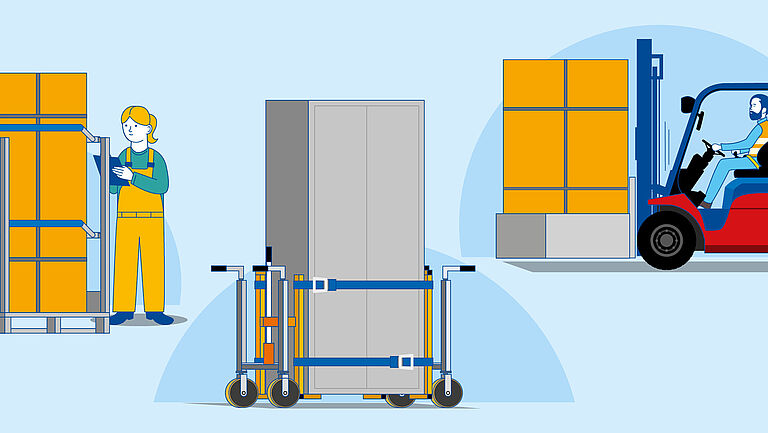 Hohe, kippgefährdete Lasten sicher transportieren: mit einem Transportgestell für ein Paket oder mit einem Gabelstapler mit Klammern als Anbaugerät sowie mit einem Transportwagen für z.B. Schaltschränke.