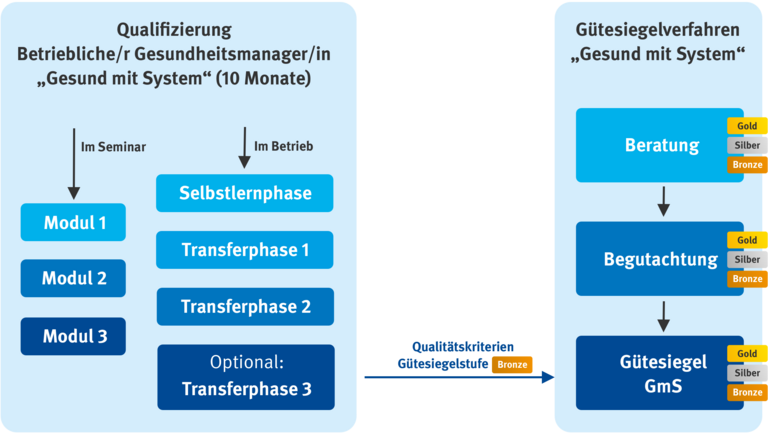 Grafik über den Modulaufbau des Gütesiegelverfahrens "Gesund mit System"