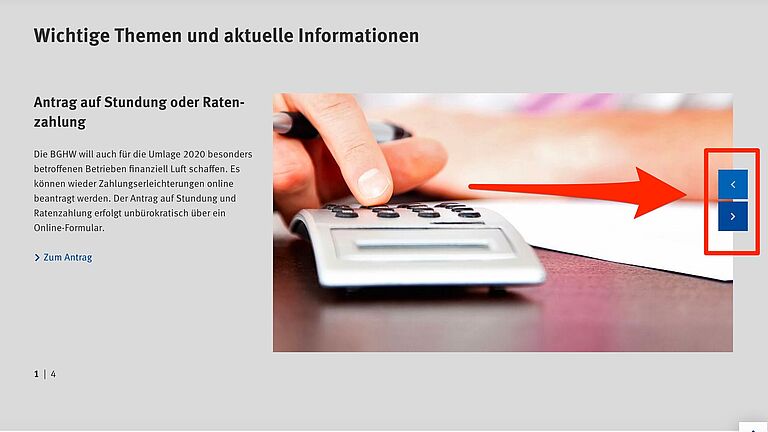 Aufzeigen der Navigation innerhalb der "Wichtigen Themen" auf der Internetseite der BGHW