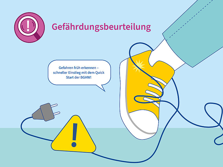 BGHW_Gefaehrdungsbeurteilung_Leitfaden-der-sichere-Weg Illustration von einem Bein mit einem Turnschuh am Fuß. Der Turnschuh hat sich in einem Kabel auf dem Boden verheddert. Im oberen Drittel der Illustration steht Gefährdungsbeurteilung.