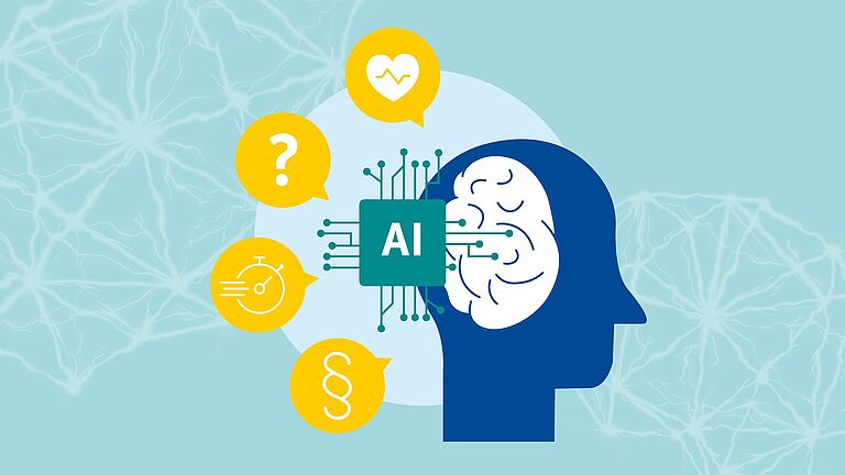 Illustration eines Kopfes mit Gehirn, um den Hinterkopf kreisen Icons, die auf Themen rund um Künstliche Intelligenz anspielen