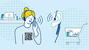 Illustration mit Frau, die ein Headset trägt und ein QR-Code