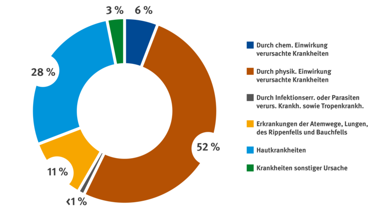 Kreisdiagramm zur Verteilung der Berufskrankheiten: 52 % durch physikalische Einwirkung, 28 % Hautkrankheiten, 11 % Atemwegs- und Lungenerkrankungen, 6 % chemische Einwirkung, 3 % sonstige Ursachen und unter 1 % Infektions- oder Parasitenkrankheiten.