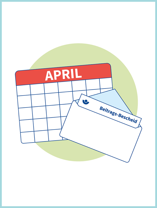 Zeichnung. Geöffneter Brief. Inhalt ist der Beitragsbescheid. Im Hintergrund ein Kalender mit der Aufschrift April.