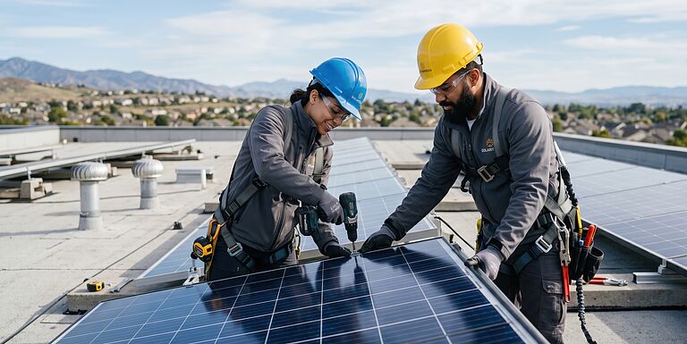 Handwerker arbeiten auf einem Dach an einer Solaranlage