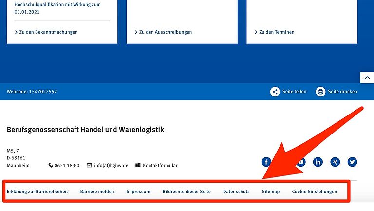 Zusätzliche Menüpunkte in der Fußzeile auf BGHW.de