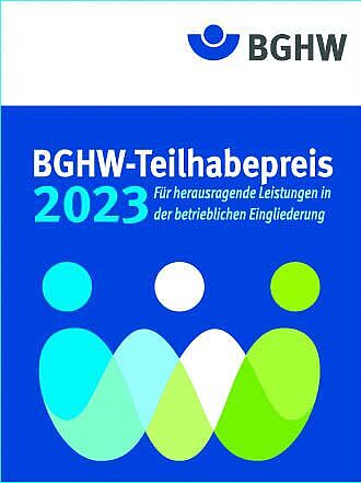 Das Logo des BGHW-Teilhabepreises zeigt Icons, die eine Gemeinschaft symbolisieren, in den Farben Blau, Weiß, Grün. 