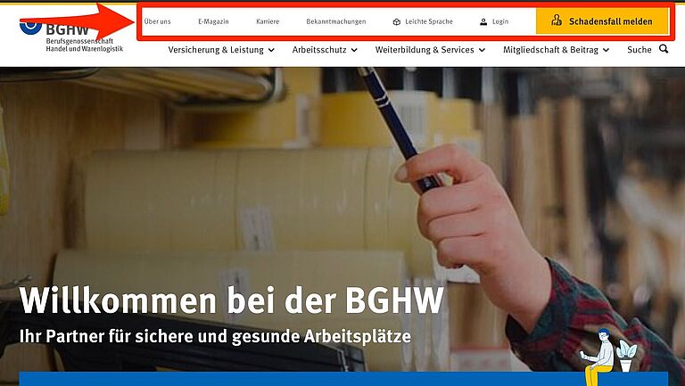 Erklärung der Kopfzeile auf der Internetseite der BGHW