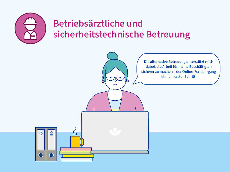 BGHW_betriebsaerztliche-und-sicherheitstechnische-Betreuung_Leitfaden-der-sichere-Weg Illustration einer Frau, die vor einem Laptop sitzt, neben ihr stehen Aktenordner, im oberen Drittel der Illustration steht betriebsärztliche und sicherheitstechnische Betreuung