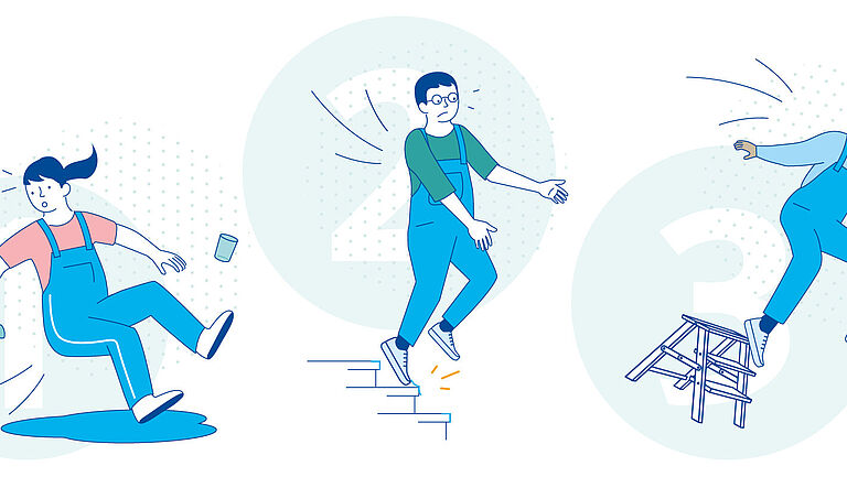 Drei Illustrationen in einer: Es werden drei Personen gezeigt, von denen jeweils eine stürzt, stolpert und ausrutscht.
