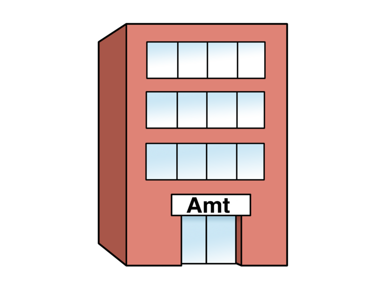 Zeichnung. Ein großes Gebäude mit Erdgeschoss und drei Obergeschossen. Über dem Haupteingang befindet sich ein Schild mit dem Aufdruck "Amt".