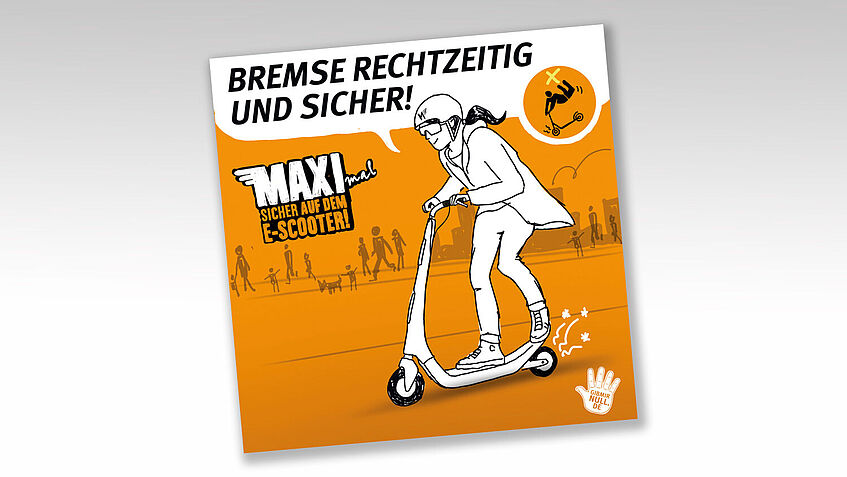Eine E-Scooterfahrerin bremst mit dem E-Scooter, dazu der Tipp: Bremse rechtzeitig und sicher!