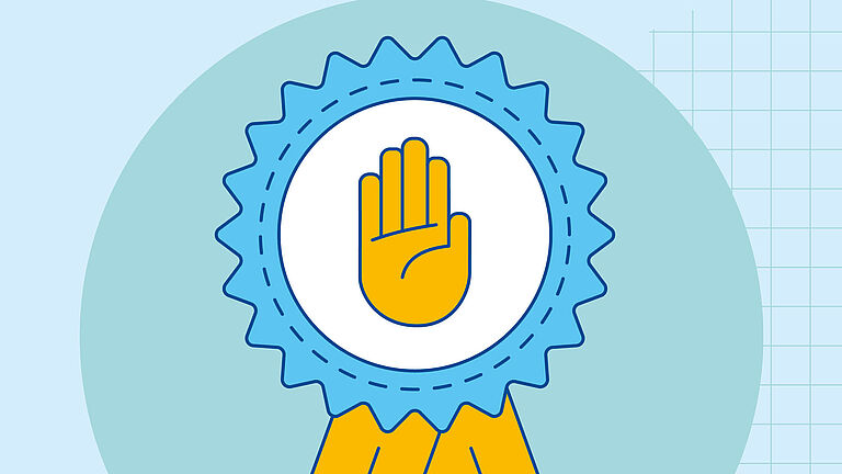 Die Infografik zeigt eine Siegerschleife von einem Wettbewerb und steht symbolisch für den Präventionswettbewerb "Die Goldene Hand".