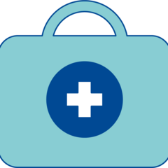 Hellblaues Koffersymbol mit weißem Kreuz und Henkel. 1. Hilfe-Koffer