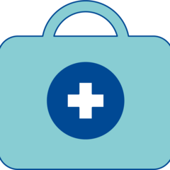erste hilfe koffer Hellblaues Koffersymbol mit weißem Kreuz und Henkel. 1. Hilfe-Koffer