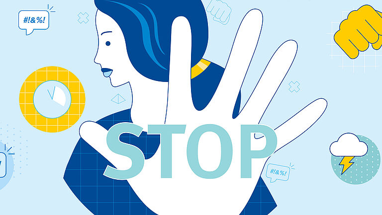 Das Bild zeigt eine Illustration von einer Frau in Seitenansicht, die ihre Hand mit einer Stop-Geste in die Kamera hält. 
