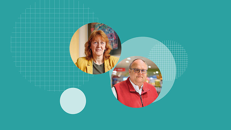 Composing von Kristina Kroß, Kaufland, und Bernd Huber, Rewe, sind ehrenamtliche Mitglieder der BGHW-Selbstverwaltung.