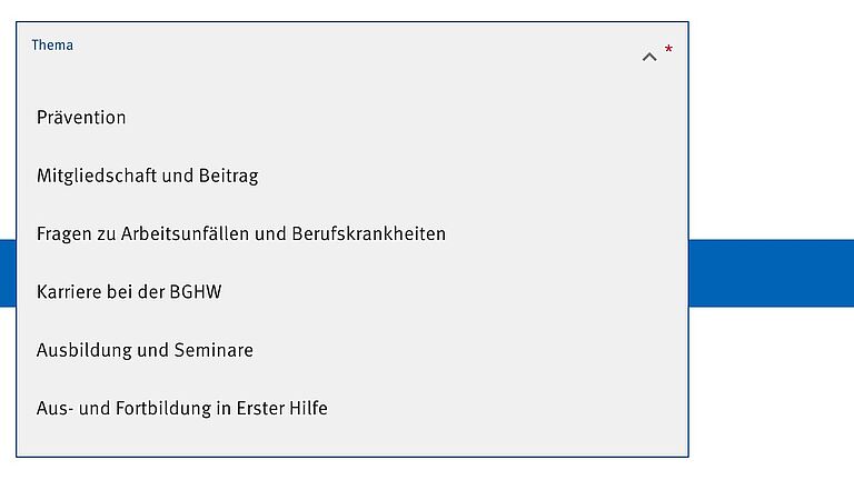 Themen im Kontaktformular auf BGHW.de