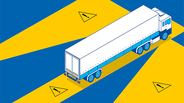 Die Zeichnung eines Lkw auf blauem Grund, dahinter und davor sowie an beiden Seiten ist in gelb der tote Winkel eingezeichnet, der die uneinsehbare Gefahrenzone darstellt