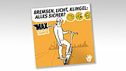 Ein E-Scooterfahrer steht mit einem Fuß auf seinem E-Scooter mit prüfendem Blick, dazu der Tipp: Bremsen, Licht, Klingel: alles sicher?