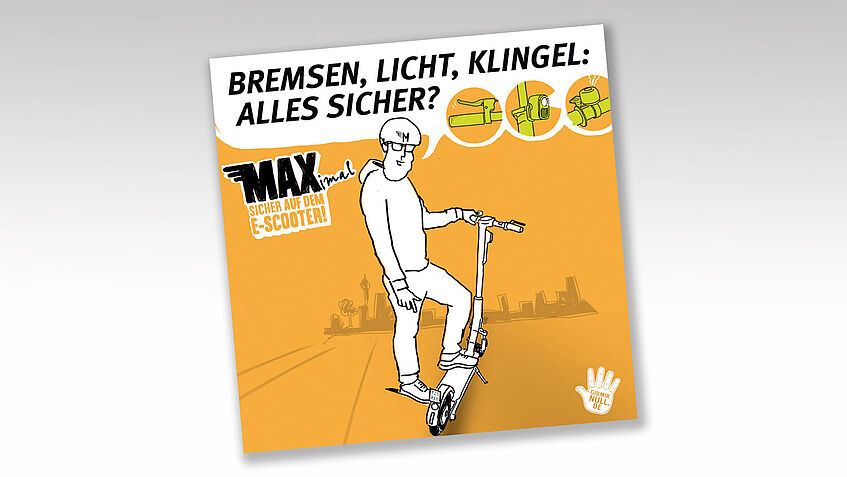 Ein E-Scooterfahrer steht mit einem Fuß auf seinem E-Scooter mit prüfendem Blick, dazu der Tipp: Bremsen, Licht, Klingel: alles sicher?