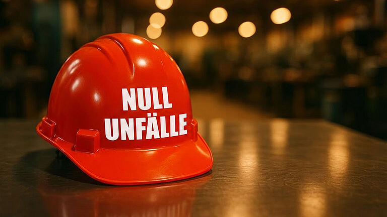 Das Bild zeigt einen roten Helm mit der weißen Aufschrift "Null Unfälle" 