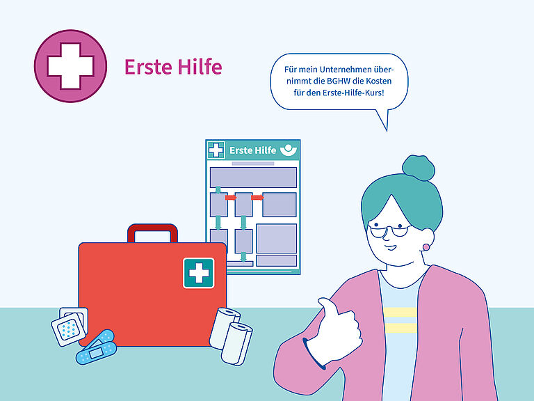 BGHW_Erste-Hilfe_Leitfaden-der-sichere-Weg Illustration einer Frau, die mit Daumen-hoch-Geste auf einen Verbandkasten und ein Erste-Hilfe-Plakat hinweist. Im oberen Drittel der Illustration steht Erste Hilfe.
