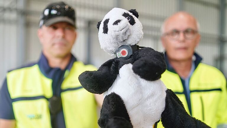 Ein Stoffpandabär mit Transponderuhr um den Hals als Testdummy.