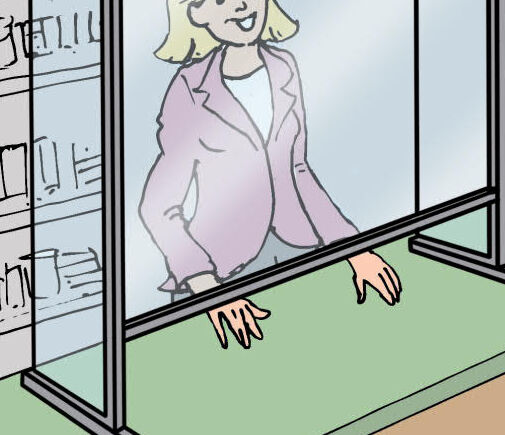 Frau hinter Theke mit Plexiglasscheibe