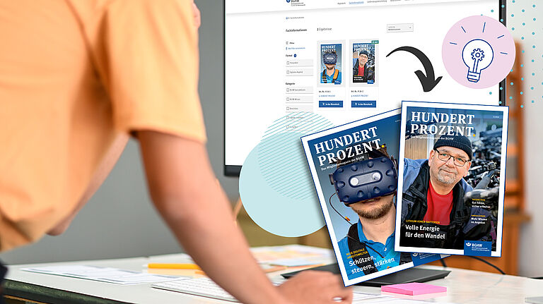 Ein Mann bestellt im Medienshop der BGHW das Printmagazin Hundert Prozent. Ein Monitor zeigt die Internetseite mit der Bestellmöglichkeit, vor dem Bildschirm sind im Luftraum zwei Ausgaben des Magazins zu sehen.