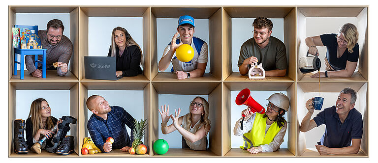 Headerbild Karriereseite Bremen Fotomontage. 10 verschiedene Darstellungen von Personen in einem Karton.