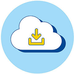 Icon. Zeichnung. Eine Cloud mit Pfeil nach unten symbolisiert einen Download aus der Cloud.