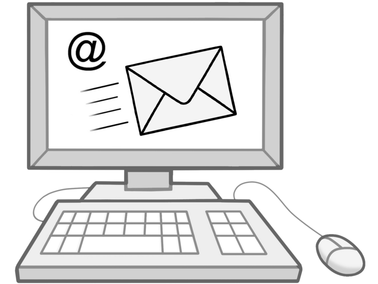 Der Bildschirm eines PC zeigt einen Briefumschlag und ein At-Zeichen als Symbol für eine E-Mail.