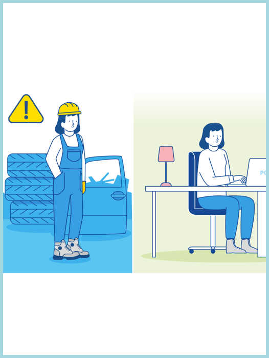 Bild zeigt in der linken Hälfte eine Mitarbeiterin auf dem Schrottplatz und in der rechten Hälfte eine Frau sitzend am Schreibtisch vor einem PC.