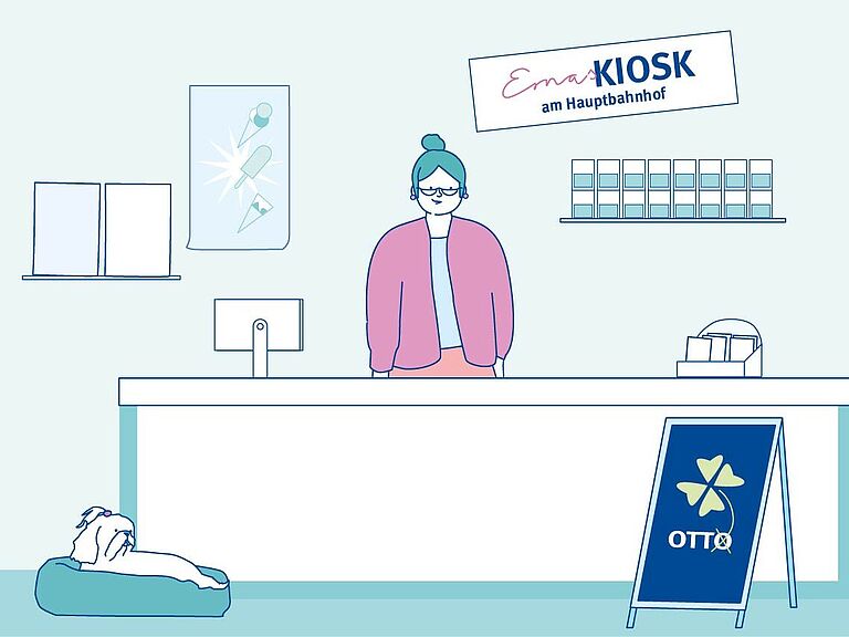 Einzel-Unternehmerin steht im Kiosk hinter einem Tresen.