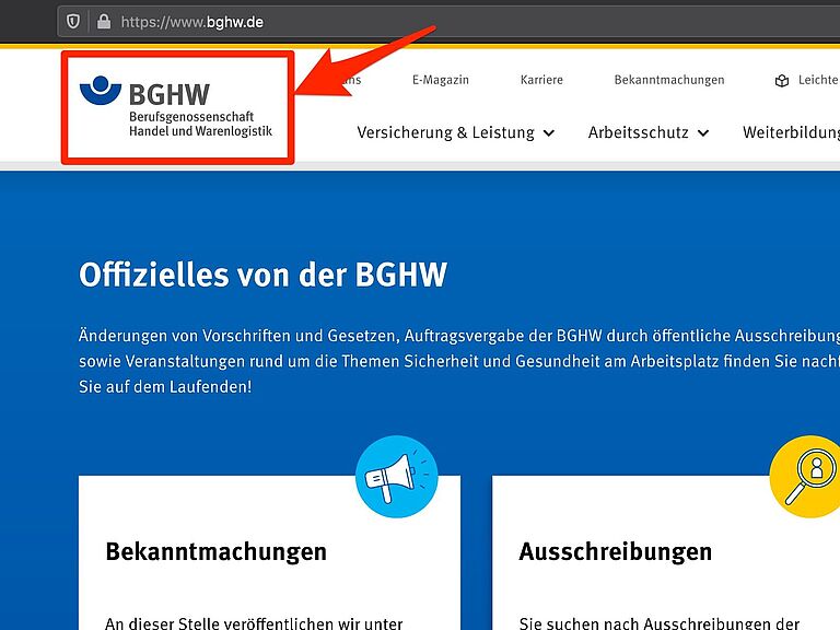 Das Logo auf der Internetseite der BGHW