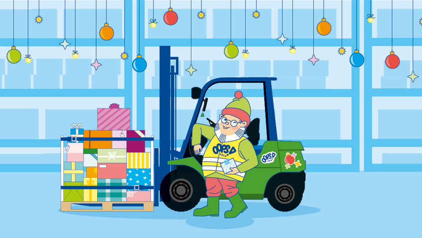 Illustration von Wichtel Oopsala vor einem Gabelstapler mit einer Palette Geschenke