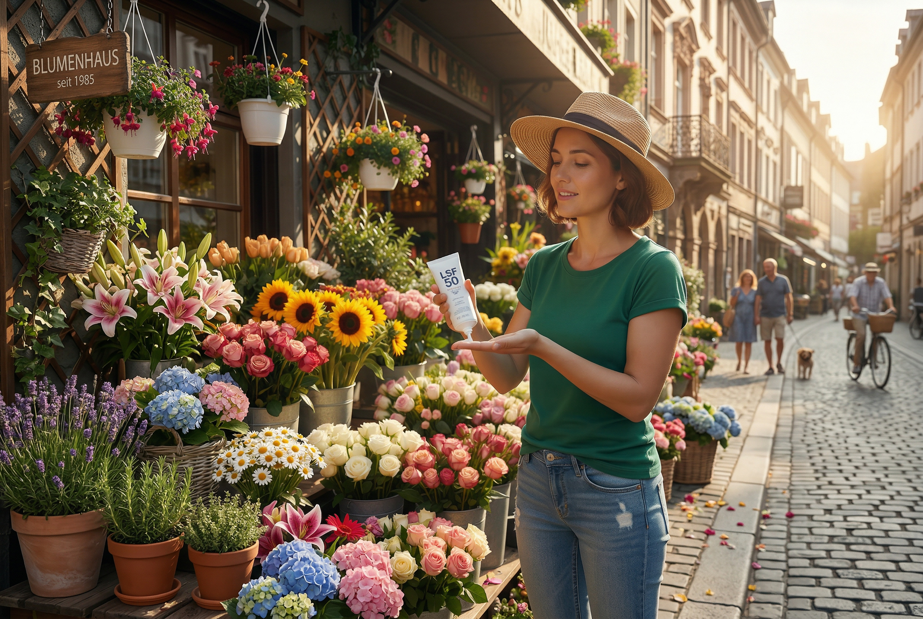Floristin mit Sonnenhut vor Blumenladen, die sich mit Sonnencreme eincremt.