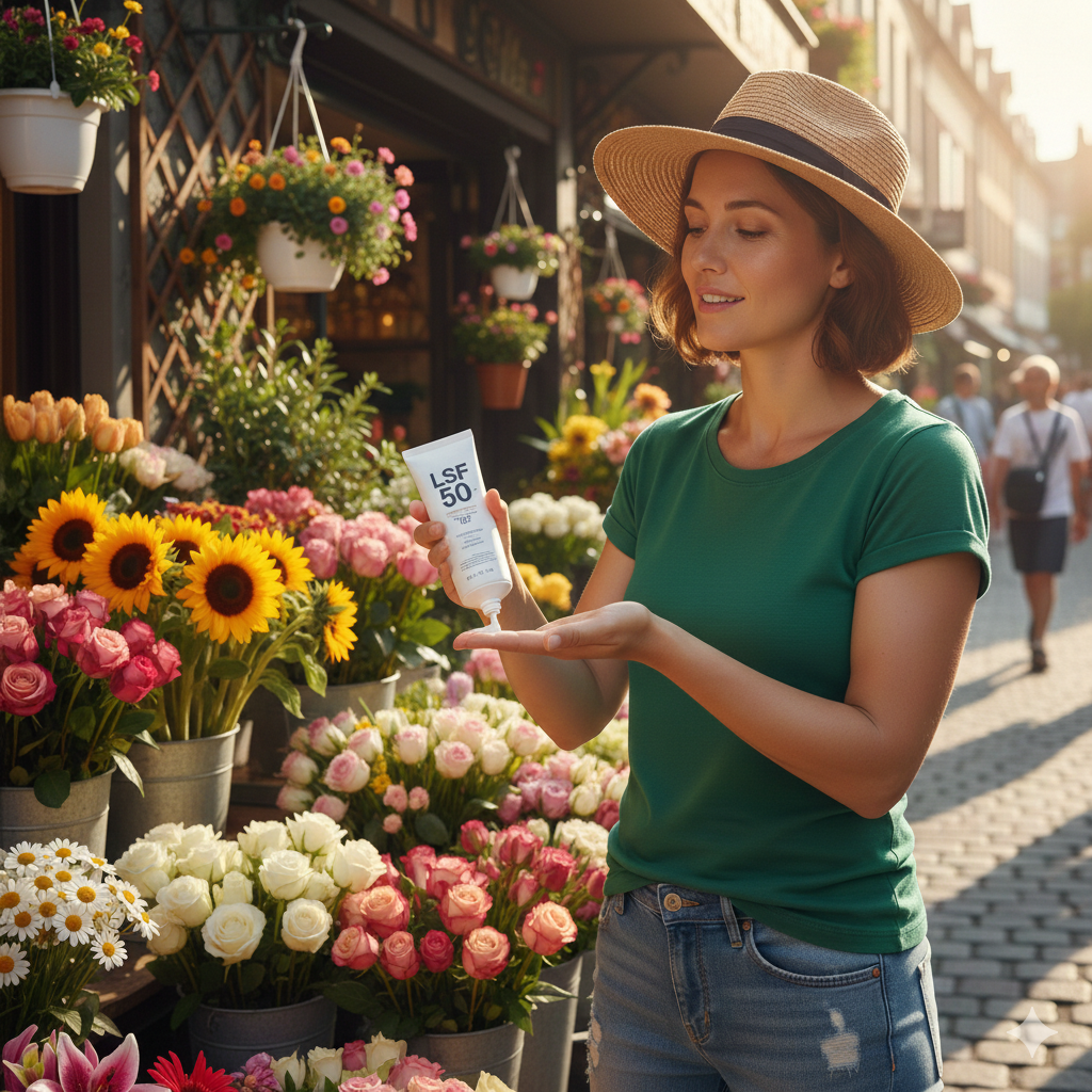Eine Floristin mit Sonnenhut steht bei strahlendem Sonnenschein vor ihrem Blumenladen. Sie cremt sich mit Sonnencreme mit Lichtschutzfaktor 50 ein.