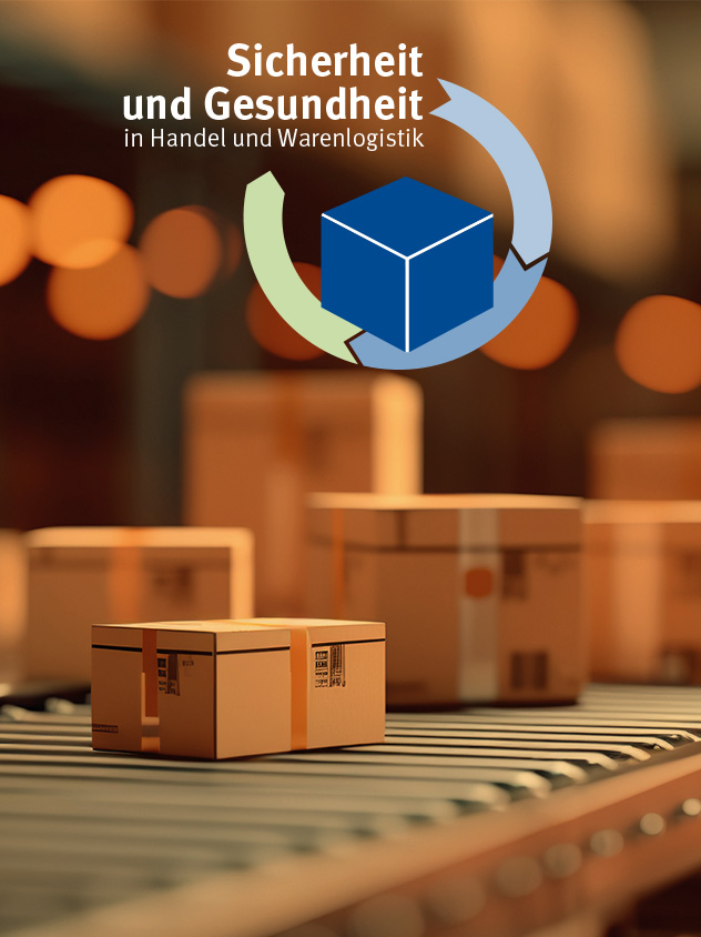 In einem Lagen liegen auf einem Rollband Paket. Es wird das Logo der Fachtagung 2024 der BGHW gezeigt.